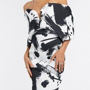 ASOS off shoulder sweet heart bardot V wire pencil midi dress in brush stroke
